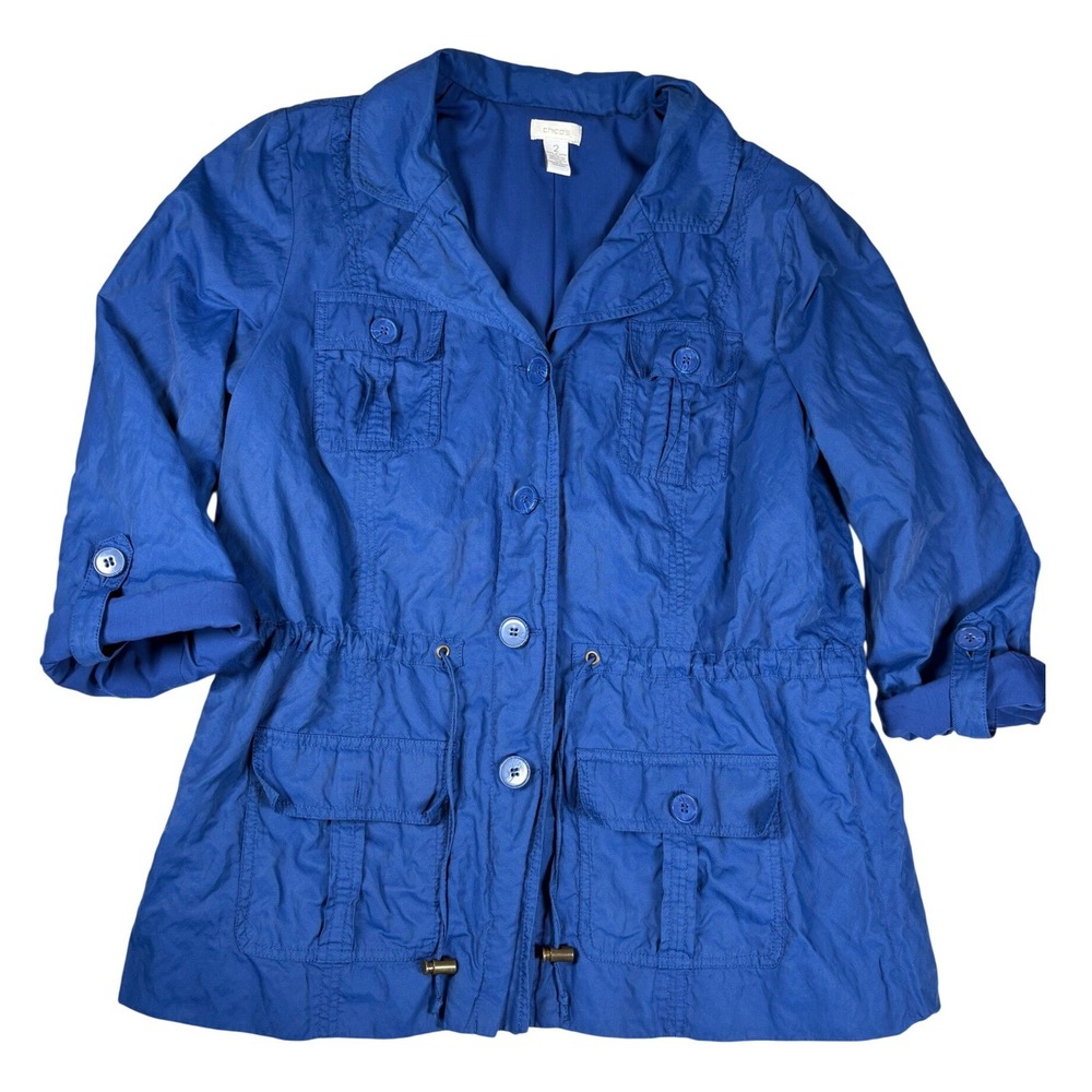 Chicos Royal Blue Utility Safari Jacket Drawstring Waist Pockets Size 2 US Large